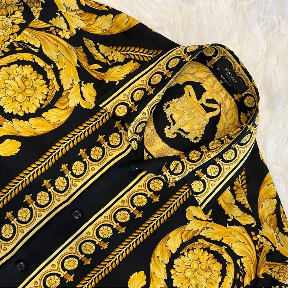 VERSACE BARROCCO SILK TWILL SHIRT IN BLACK + GOLD - Picture 5 of 8